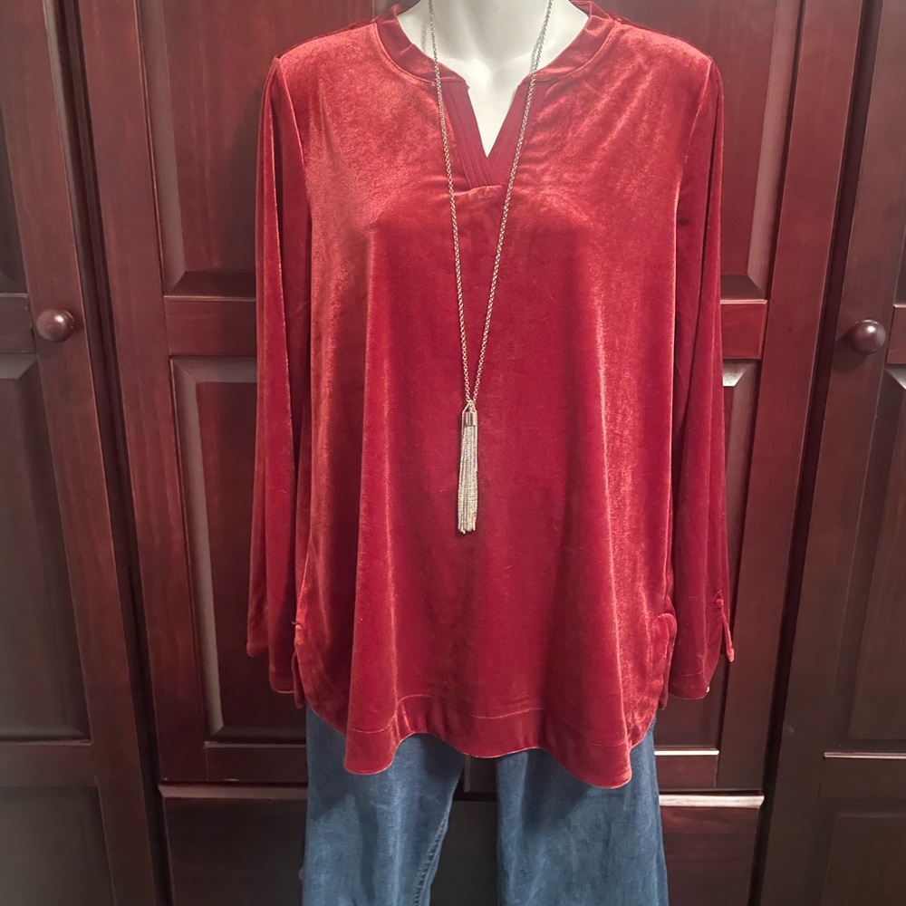 Knit Velvet Split Neck Pullover Top